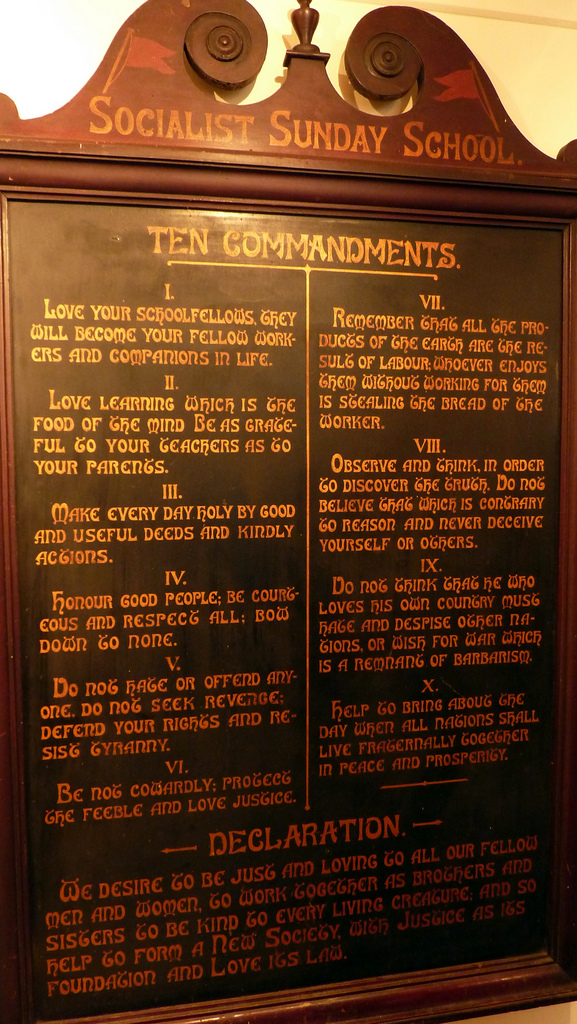 Wooden plaque showing Socialist 10 Commandments