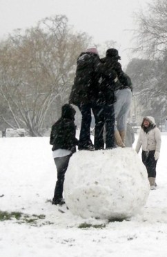 Teenagers on a big snowball