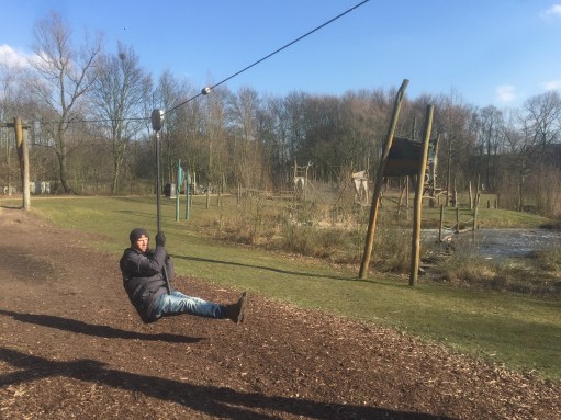Ter Heydelaan playground: Wim on a zip wire