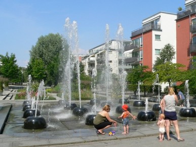 Water fountains in Hammarby Sjostad, Stockholm