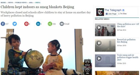 Screengrab Telegraph headline on kids being kept indoors in Beijing