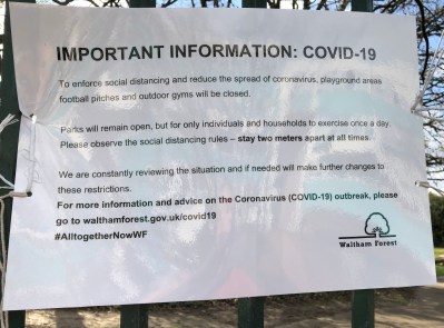 'Park closed' sign outside park in Waltham Forest