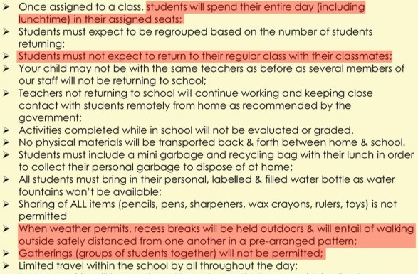 Partial list of pandemic rules from one Quebec school